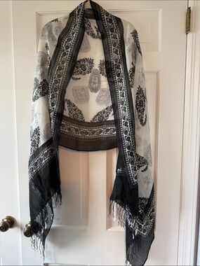 Black White Paisley Bohemian Fringe Scarf Gauzy Airy